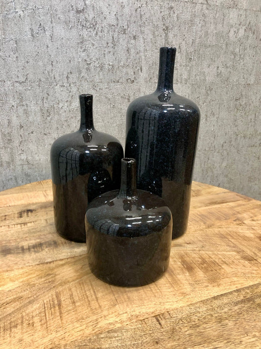 Set of Three Deep Grey Glaze Bottle Vases