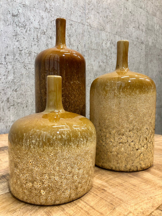 Set of Three Burnt Orange Glaze Bottle Vases