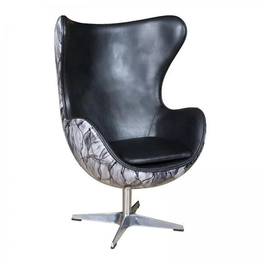 Aviator Egg Swivel Chair with Deco Back and Black Leather