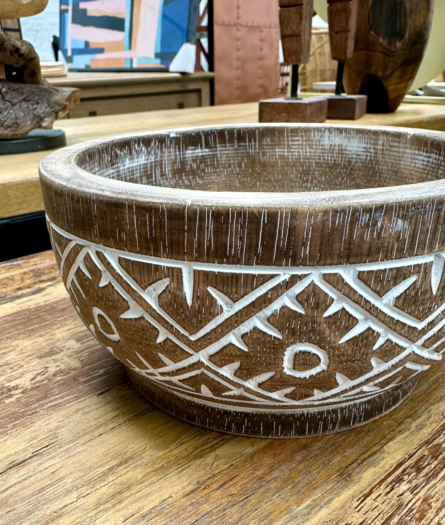 Ancient Meriner Furniture Decorative Distressed White Wooden Bowl