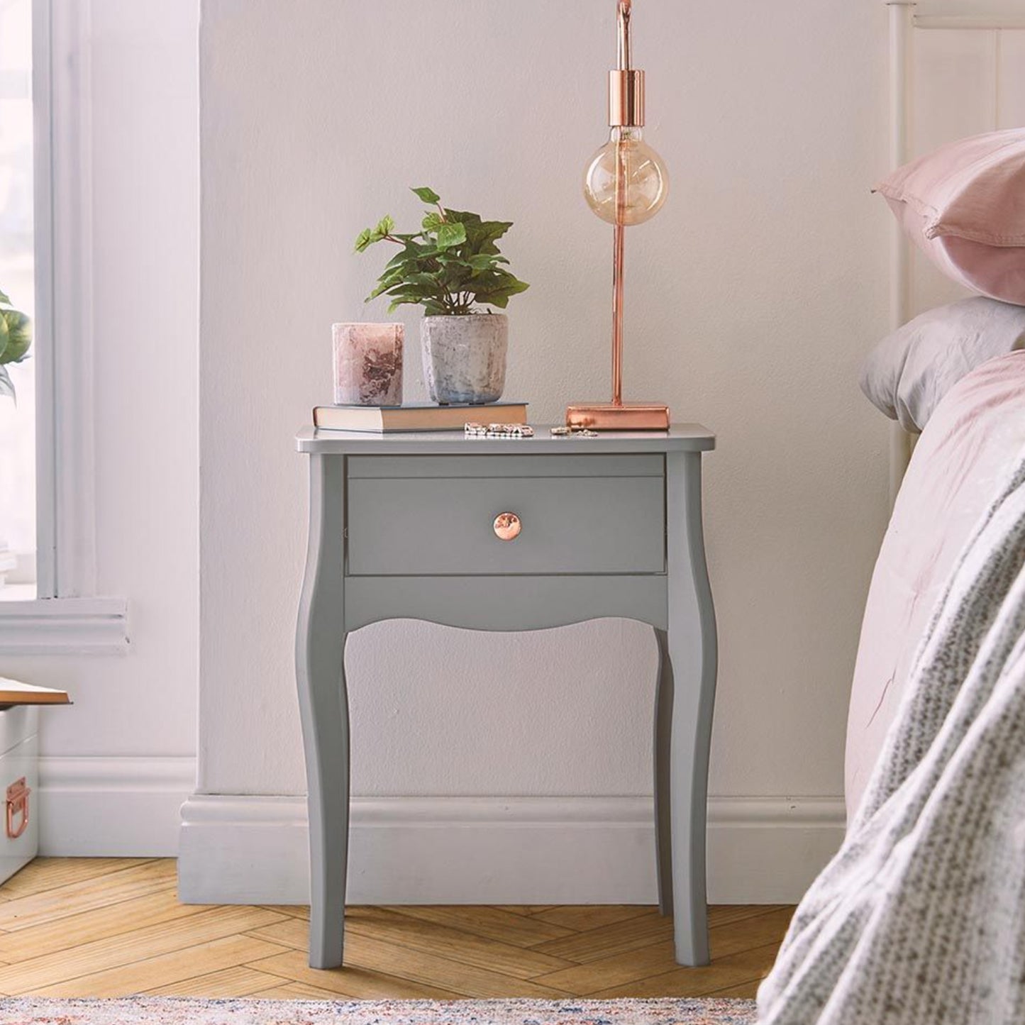 Baroque Nightstand in Folkestone Grey with Rose Gold Colour Handles