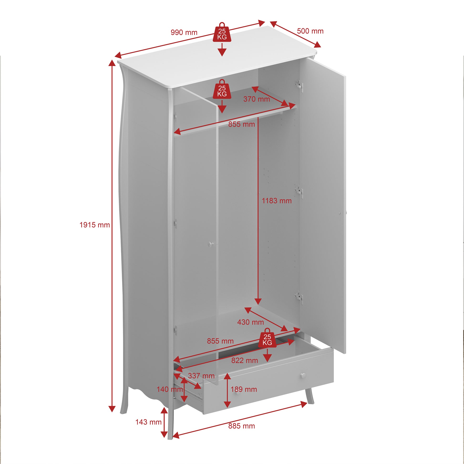 Baroque 2 Door 1 Drawer Wardrobe in Grey