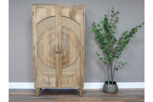 Natural Wood and Rattan Burst 2 Door Cabinet