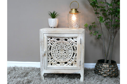 Whitewash Ornate Cut Out Bedside Cabinet