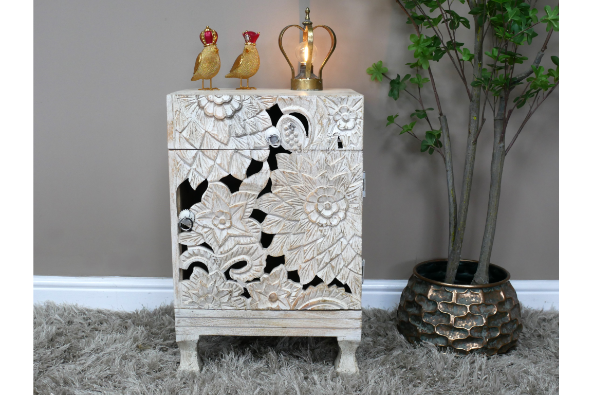 White Carved Bedside Cabinet