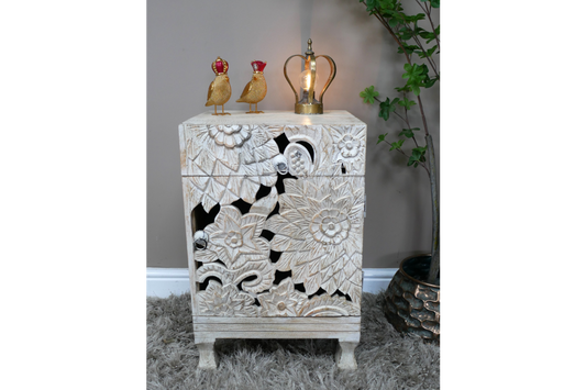 White Carved Bedside Cabinet