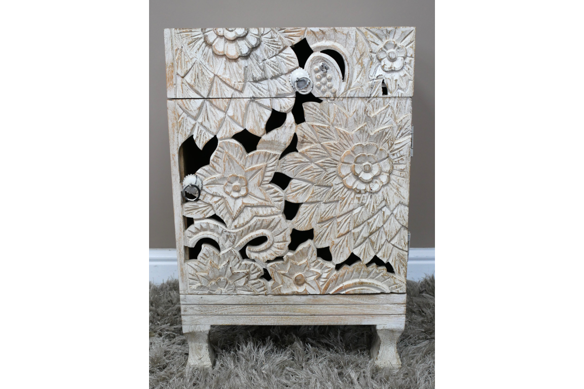 White Carved Bedside Cabinet