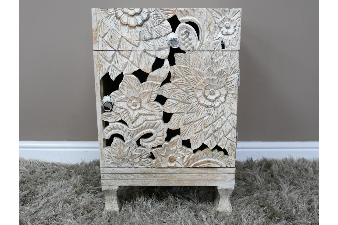 White Carved Bedside Cabinet