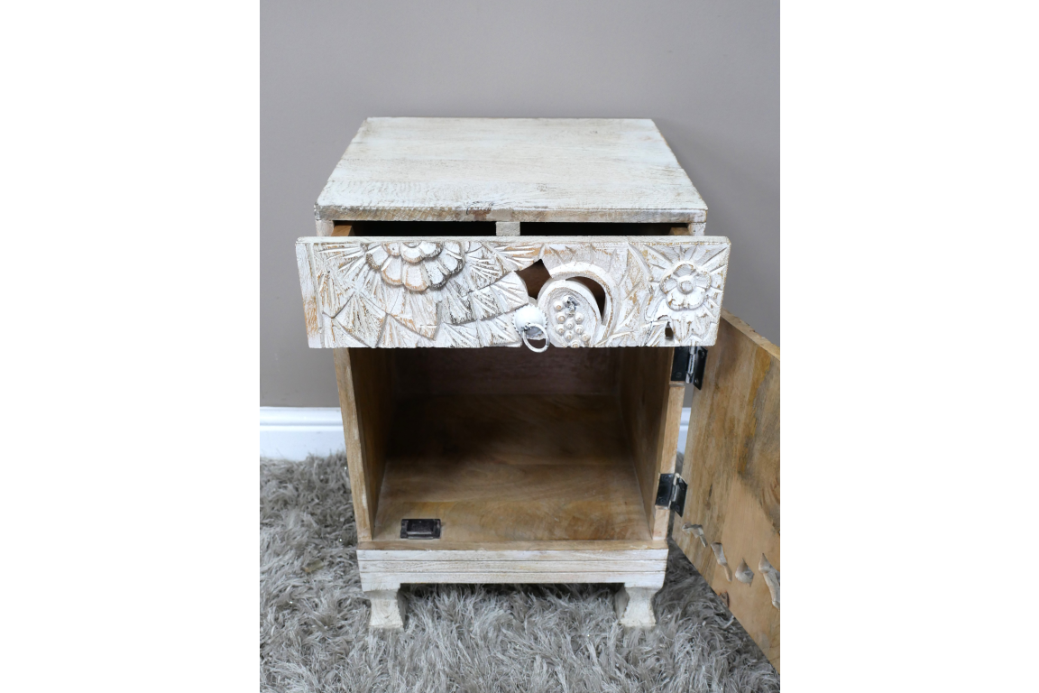 White Carved Bedside Cabinet