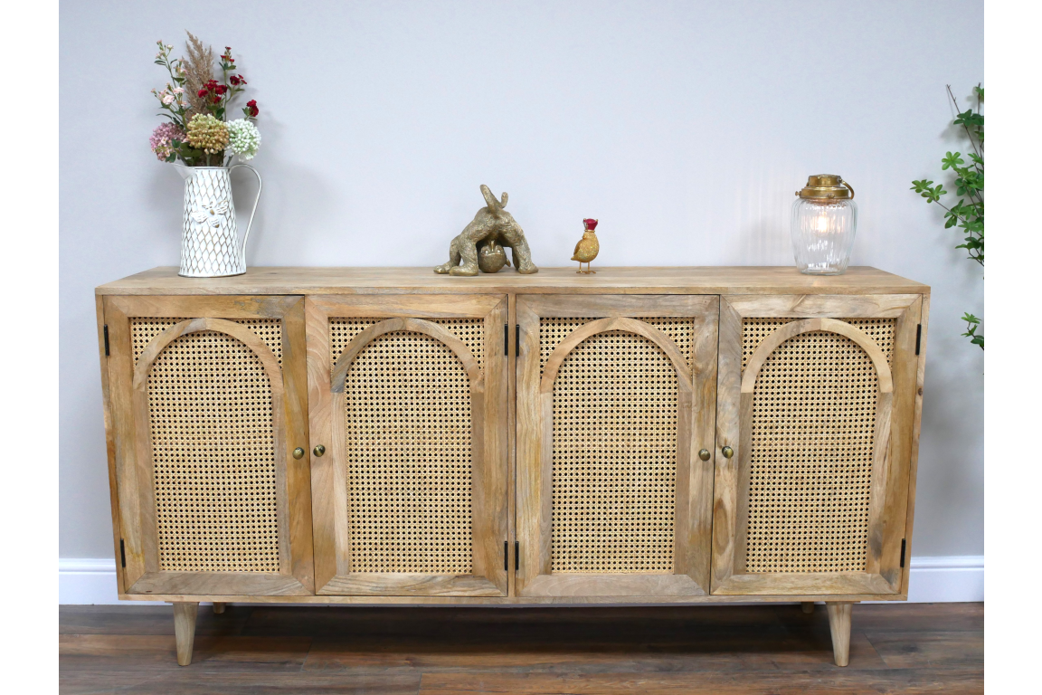 Large Rattan and Acacia Wood Solid Sideboard