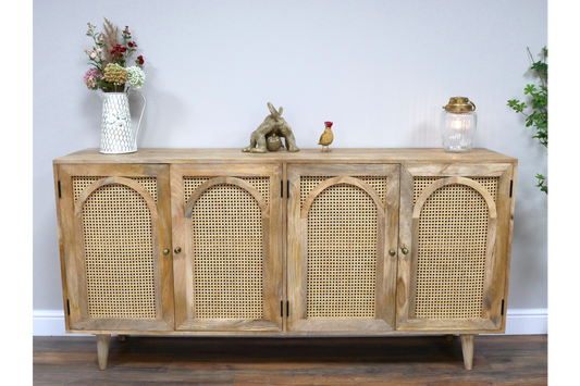 Large Rattan and Acacia Wood Solid Sideboard