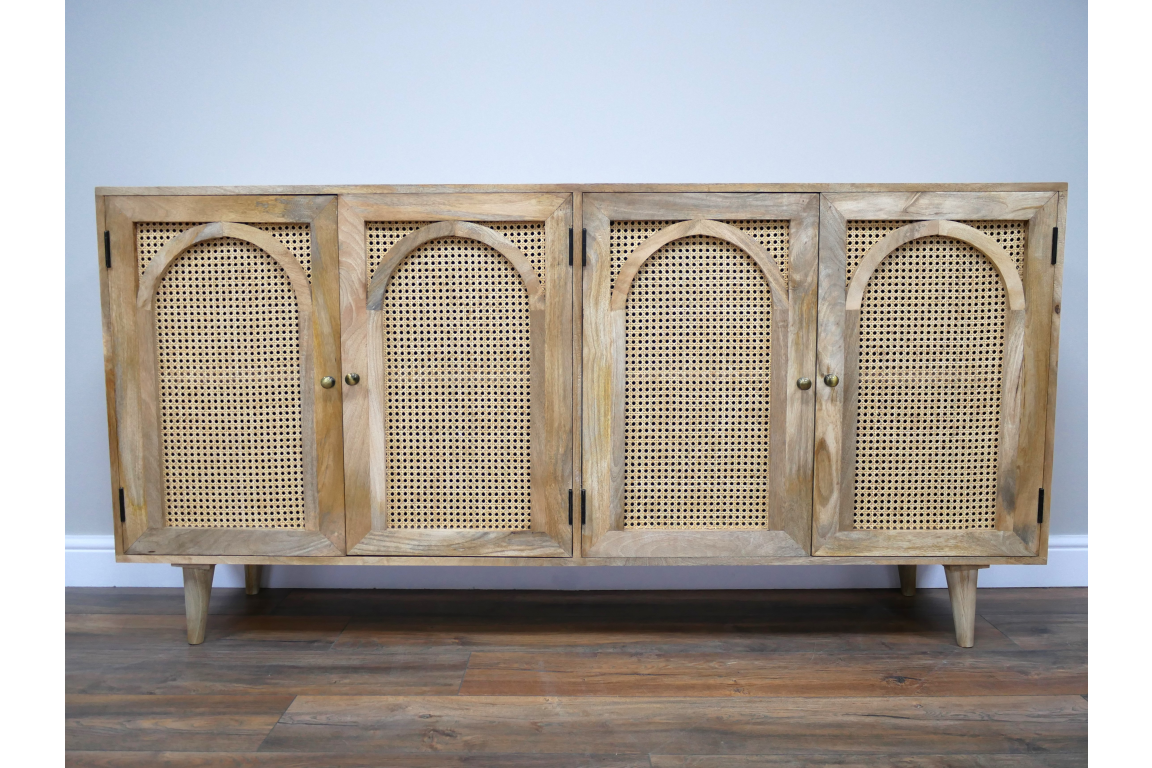 Large Rattan and Acacia Wood Solid Sideboard