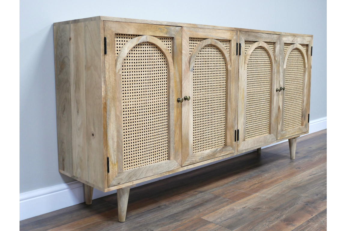 Large Rattan and Acacia Wood Solid Sideboard