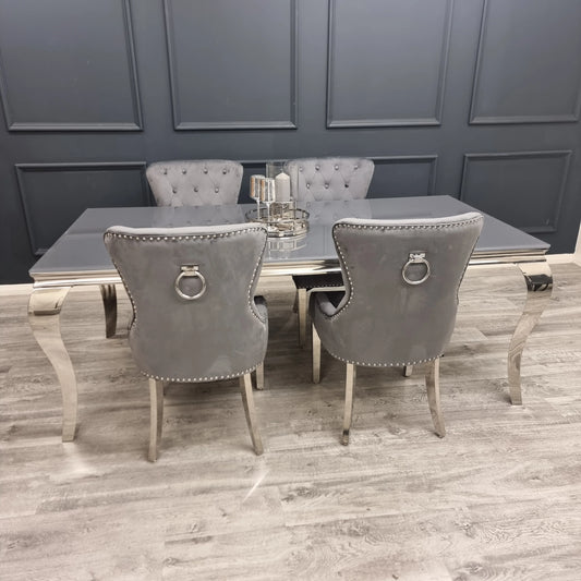 Louis 2m Table in Grey Glass with 4 Megan Chairs in Grey Velvet