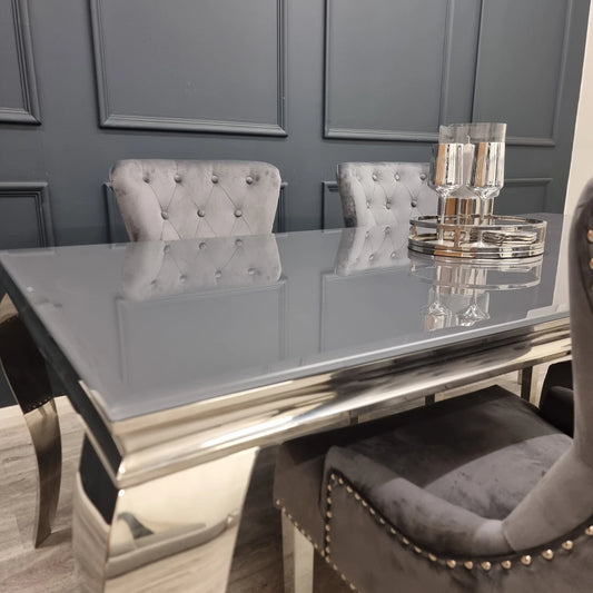 Louis 2m Table in Grey Glass with 4 Megan Chairs in Grey Velvet