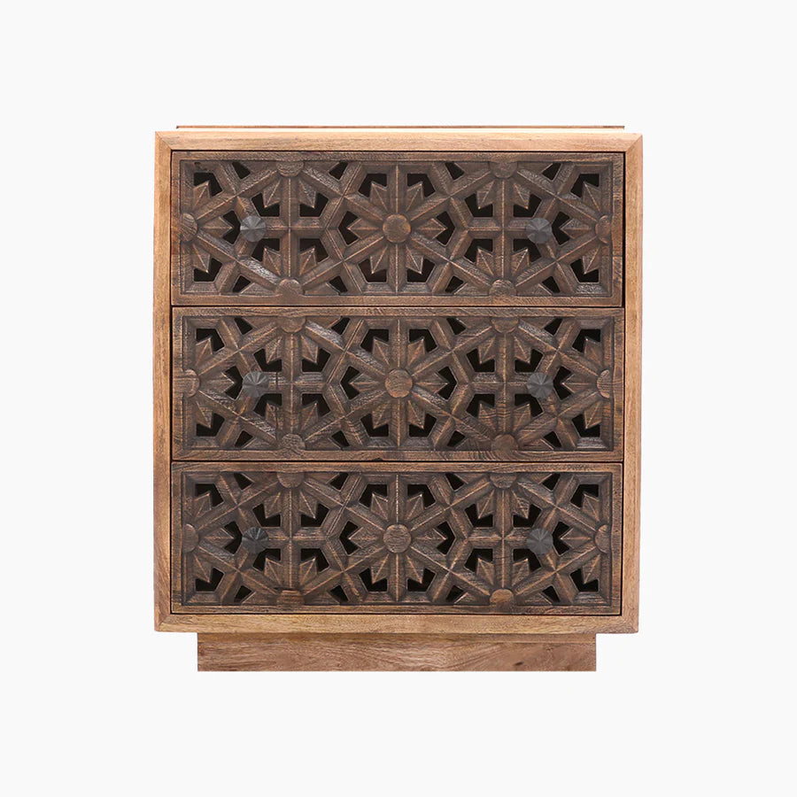 Zaayah Cut Work Wooden Three Chest of Drawers