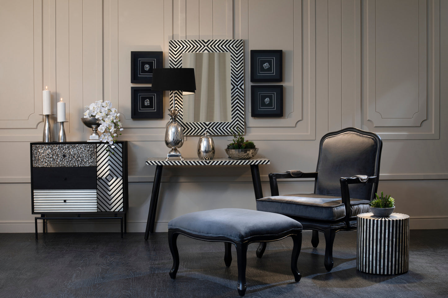 Boho Black and White Wooden Console Table