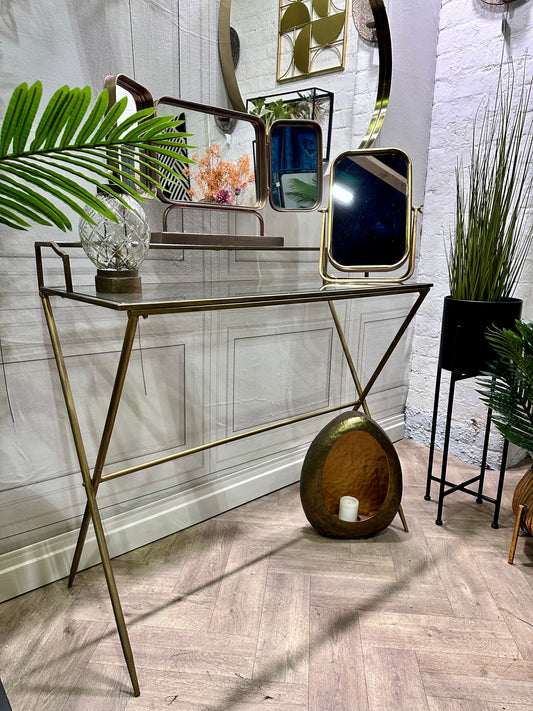 Glass & Metal Desk, Antique Gold