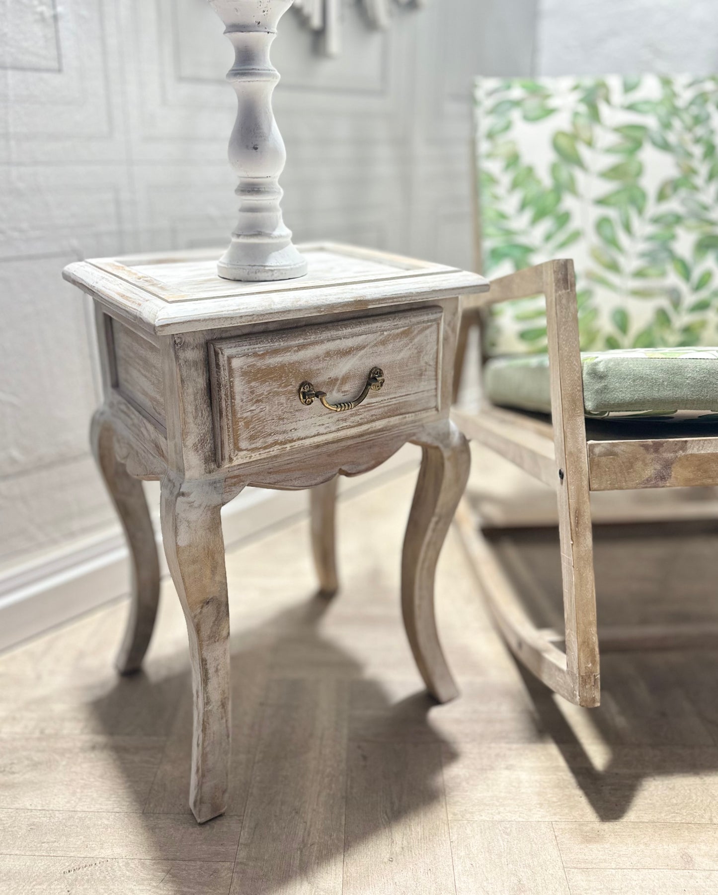 French Shabby Chic White-wash Wooden Side Table