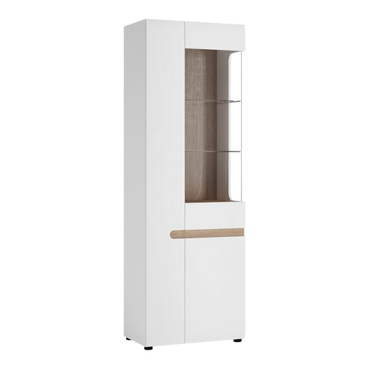 Chelsea Living Tall Glazed Narrow Display Unit (LHD) in White with a Truffle Oak Trim