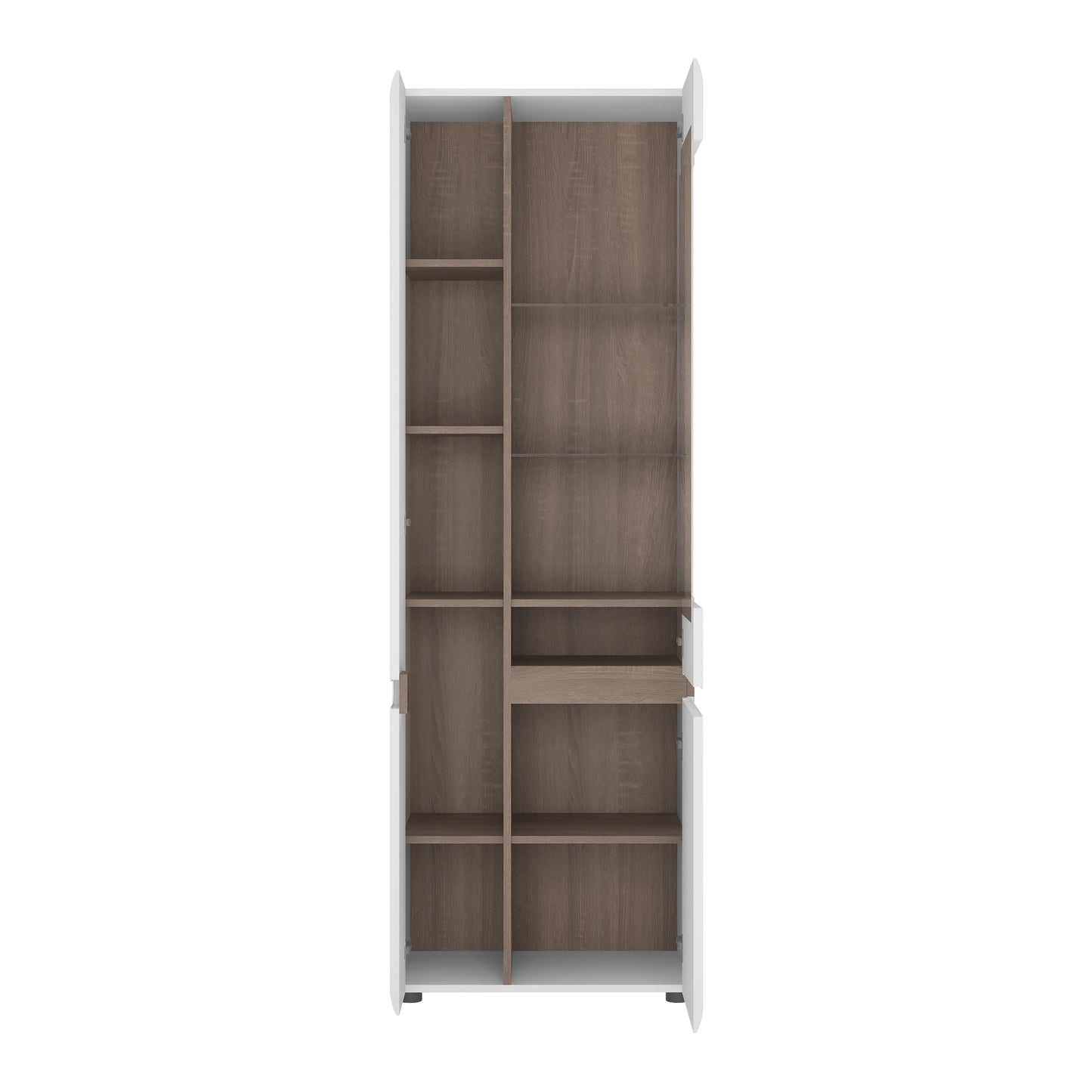 Chelsea Living Tall Glazed Narrow Display Unit (LHD) in White with a Truffle Oak Trim