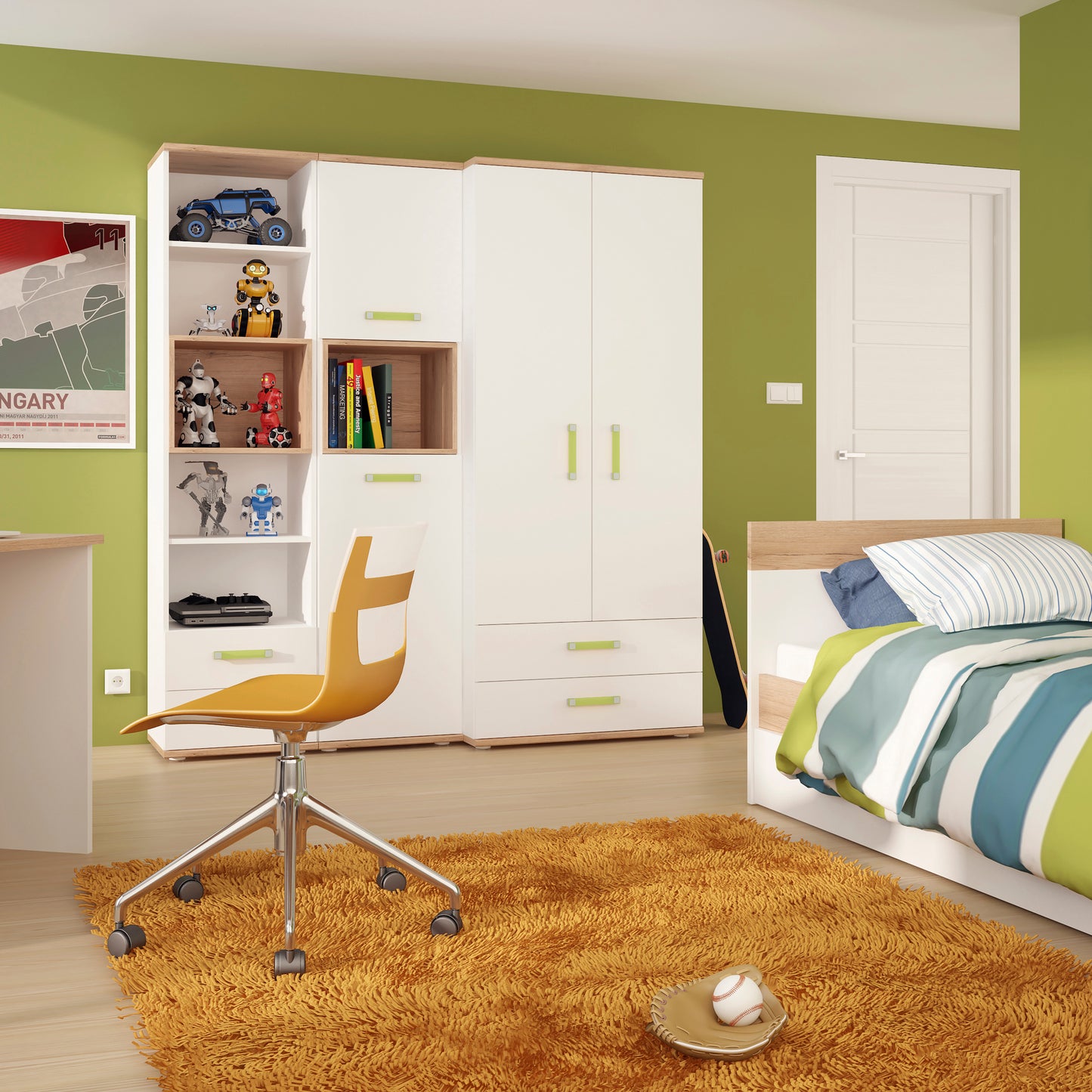 4Kids Tall 2 Drawer Bookcase in Light Oak and white High Gloss (lemon handles)