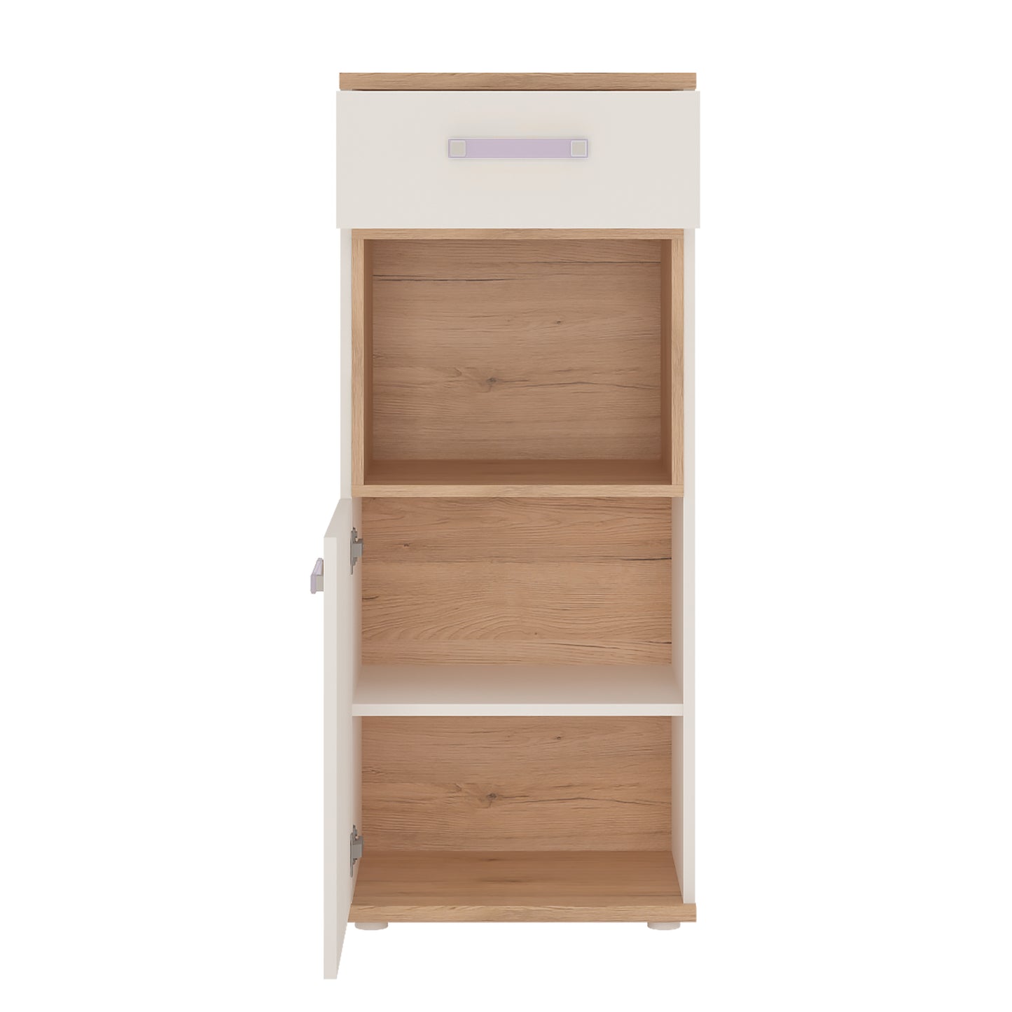 4Kids 1 Door 1 Drawer Narrow Cabinet in Light Oak and white High Gloss (lilac handles)