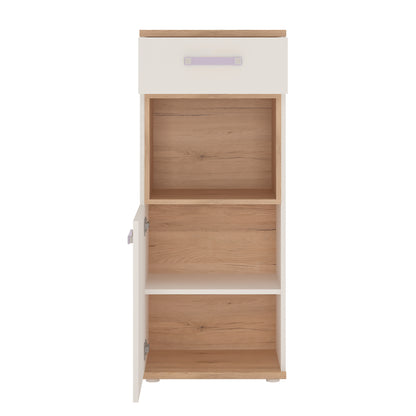 4Kids 1 Door 1 Drawer Narrow Cabinet in Light Oak and white High Gloss (lilac handles)