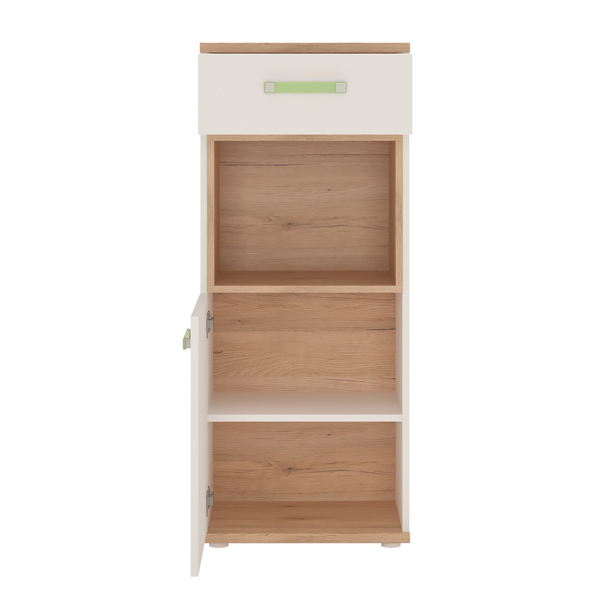 4Kids 1 Door 1 Drawer Narrow Cabinet in Light Oak and white High Gloss (lemon handles)