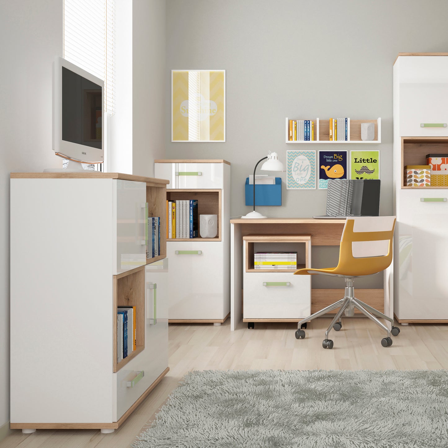 4Kids 1 Door 1 Drawer Narrow Cabinet in Light Oak and white High Gloss (lemon handles)