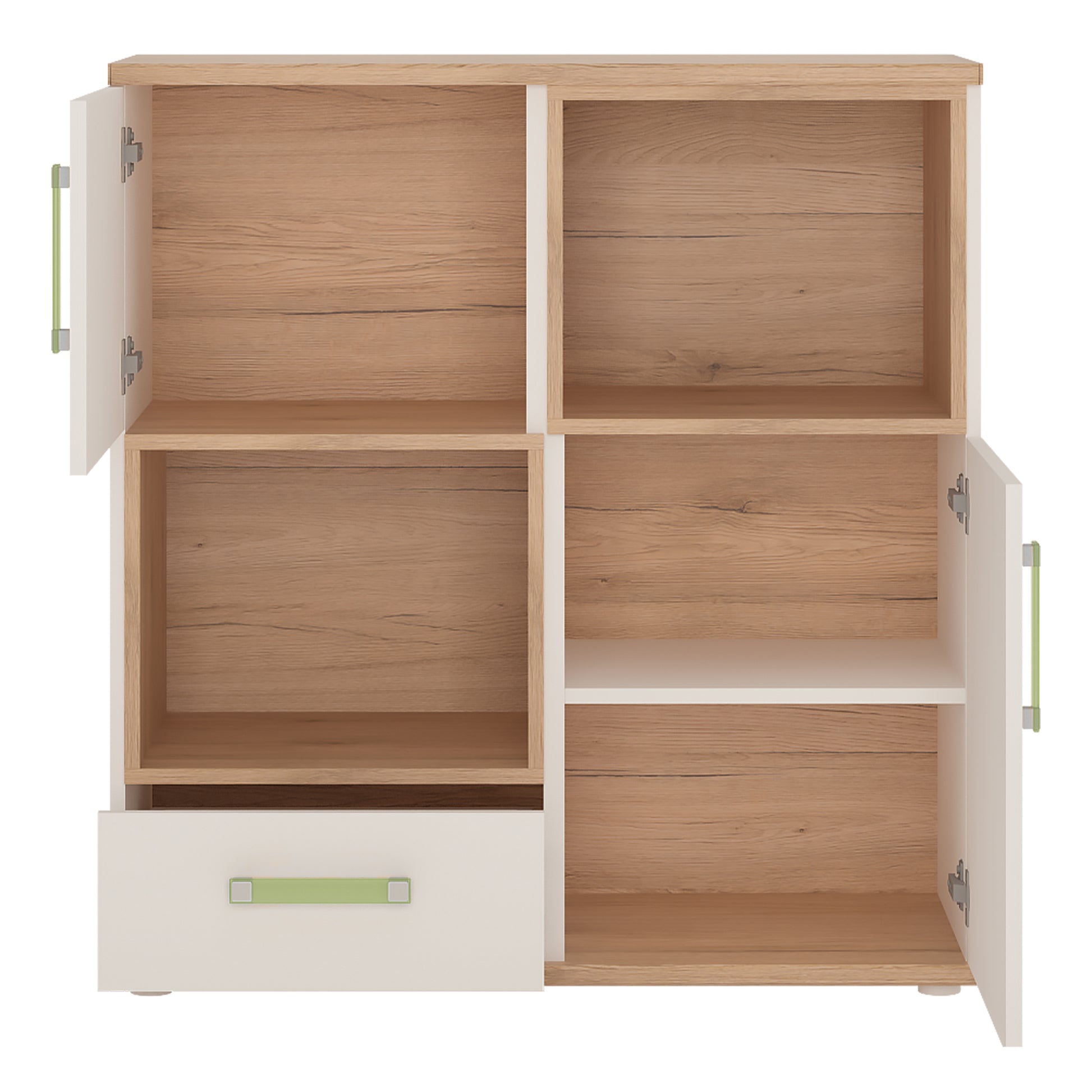 4KIDS 2 Door 1 Drawer Cupboard with 2 Open Shelves with Lemon Handles