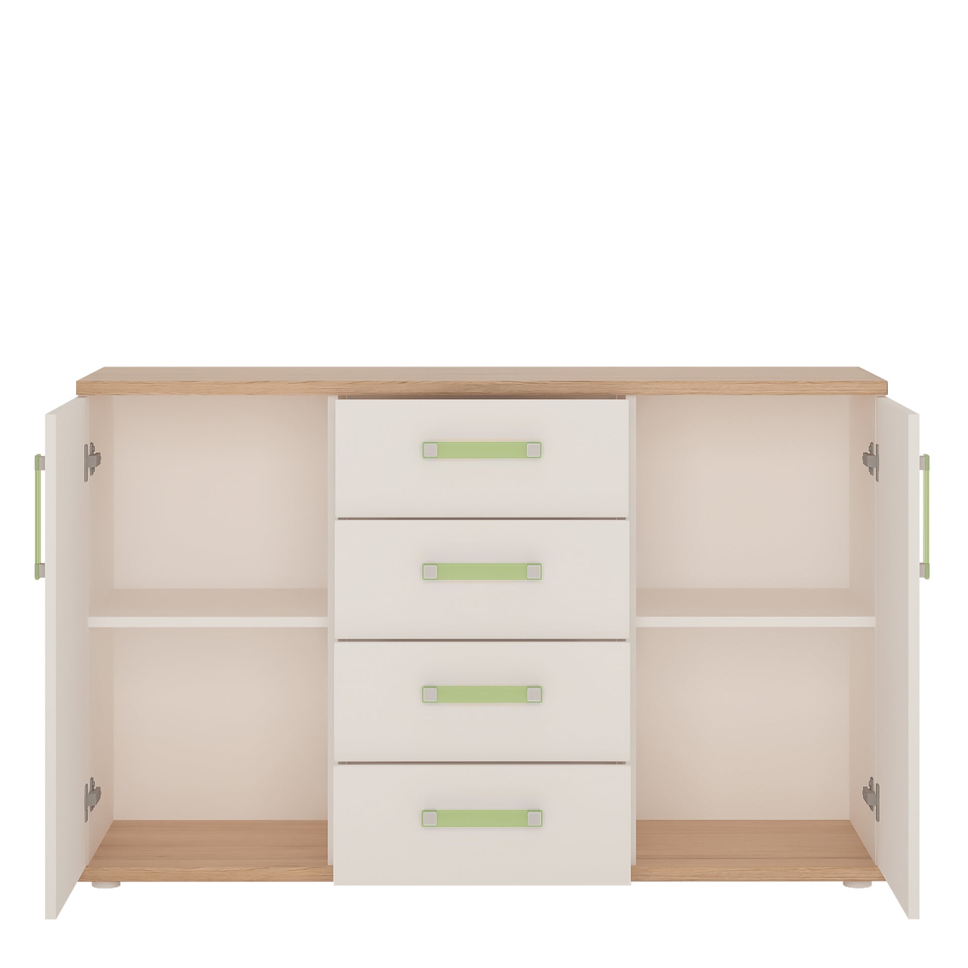 4Kids 2 Door 4 Drawer Sideboard in Light Oak and white High Gloss (lemon handles)