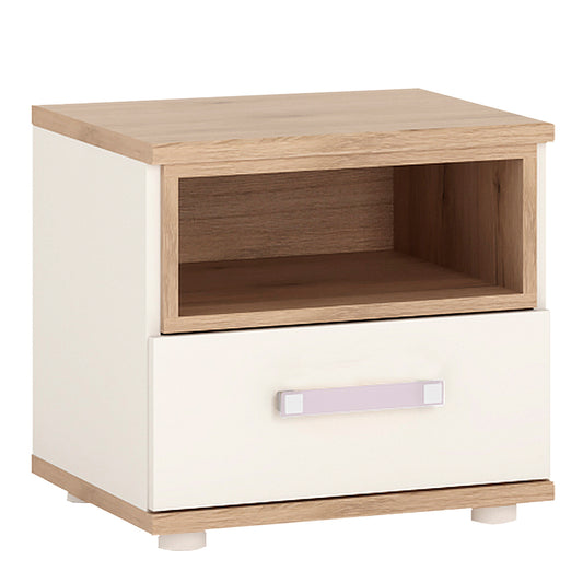 4Kids 1 Drawer bedside Cabinet in Light Oak and white High Gloss (lilac handles)