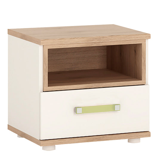 4Kids 1 Drawer bedside Cabinet in Light Oak and white High Gloss (lemon handles)