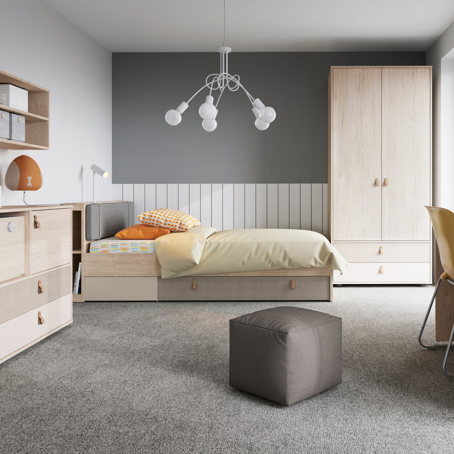 Denim 120cm Bed with 1 Drawer in Light Walnut, Grey Fabric Effect and Cashmere