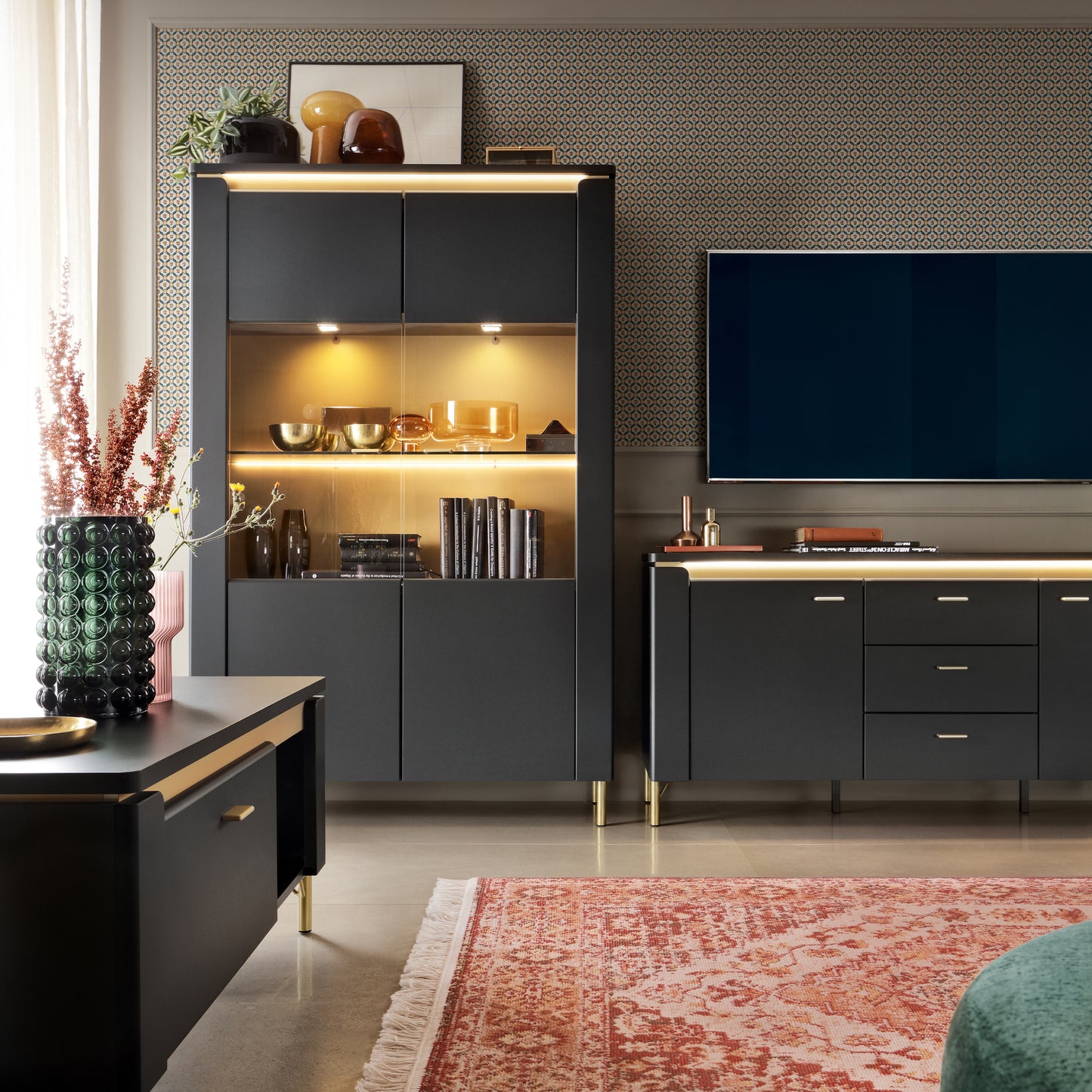 Genoa TV Cabinet 2 Door 3 Drawer 155cm Wide in Black Matt/Gold