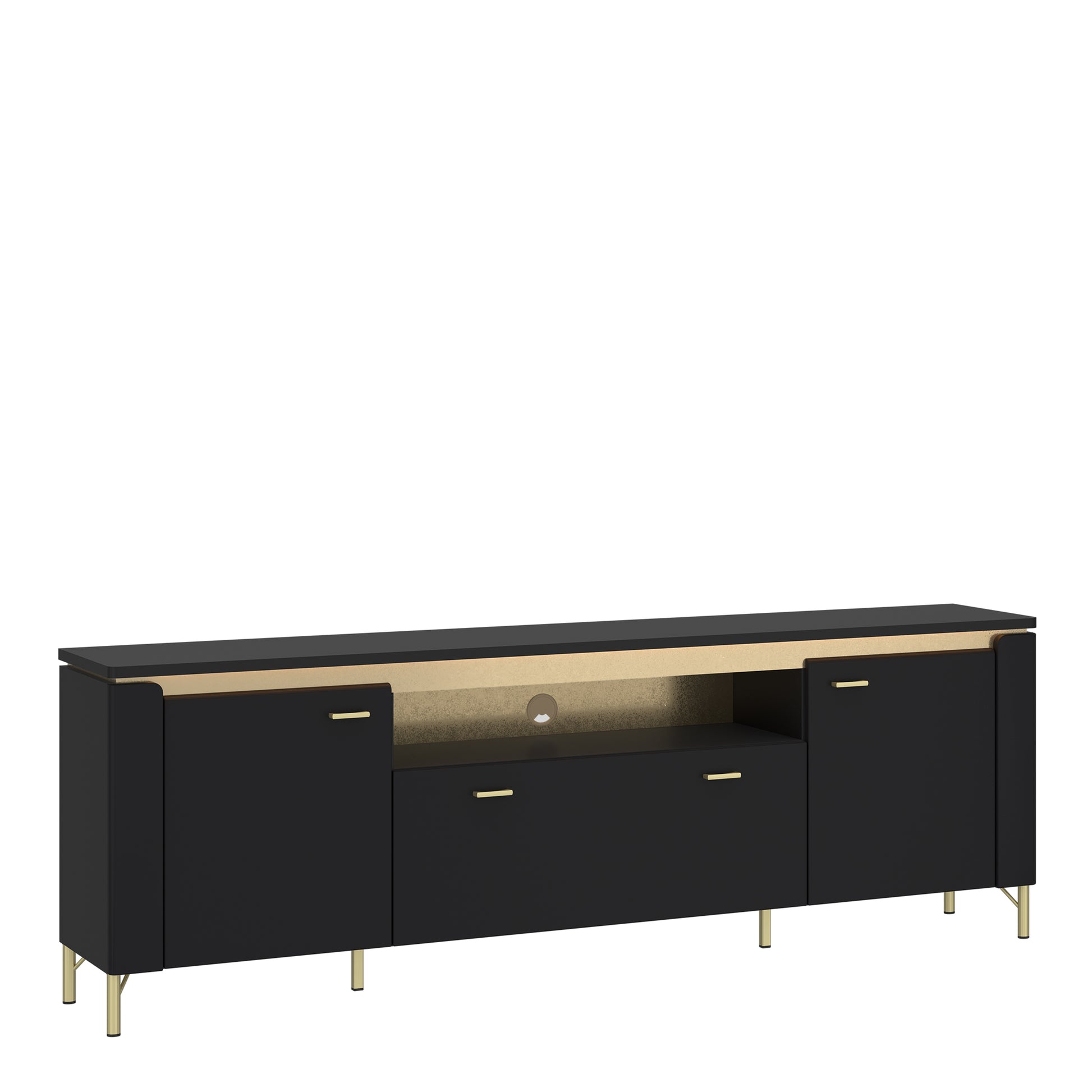 Genoa TV Cabinet 2 Door 1 Drawer 200cm Wide in Black Matt/Gold