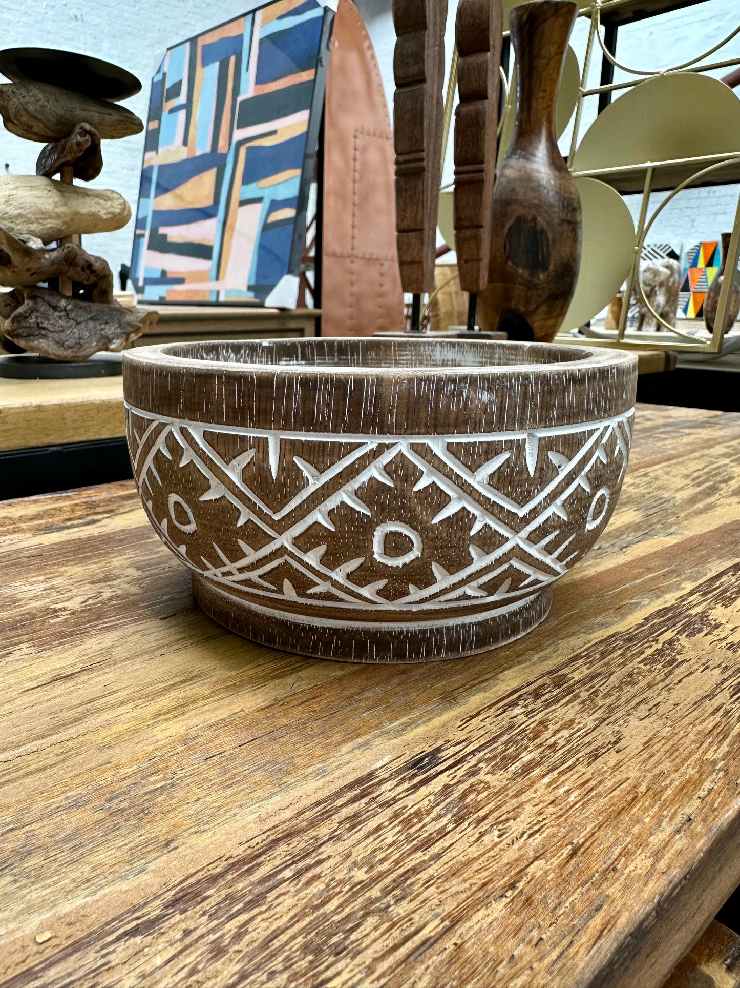 Ancient Meriner Furniture Decorative Distressed White Wooden Bowl