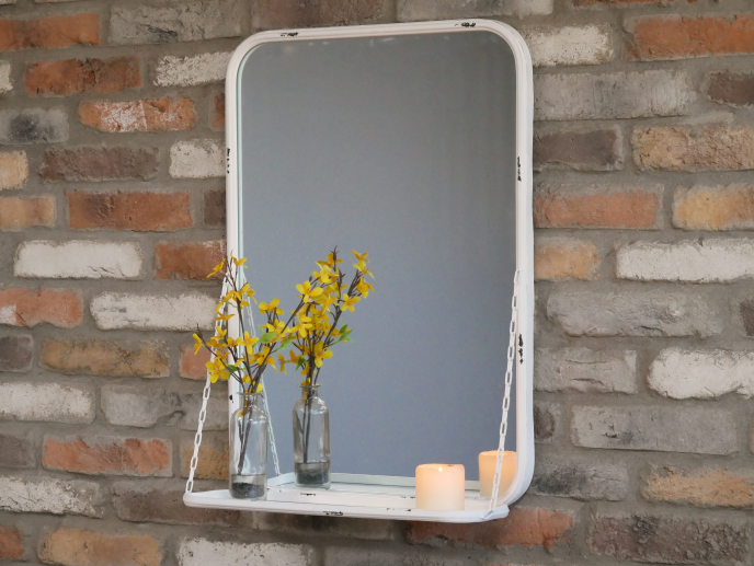 Distressed White Wall Mirror With Hanging Shelf