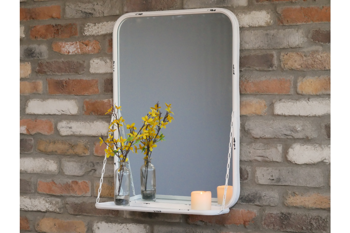 Distressed White Wall Mirror With Hanging Shelf