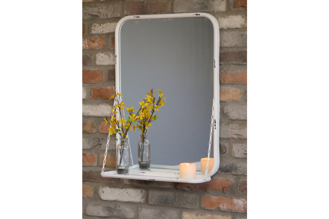 Distressed White Wall Mirror With Hanging Shelf