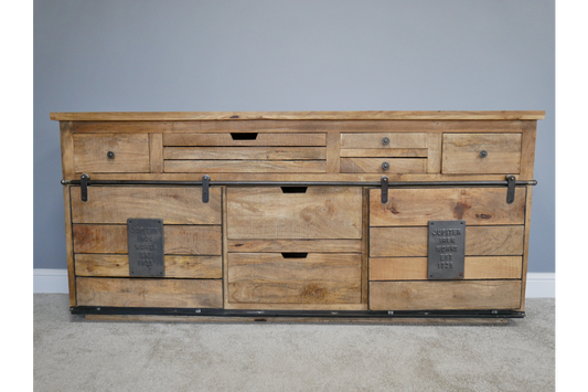 Large Industrial Mango Wood Sideboard with Sliding Doors