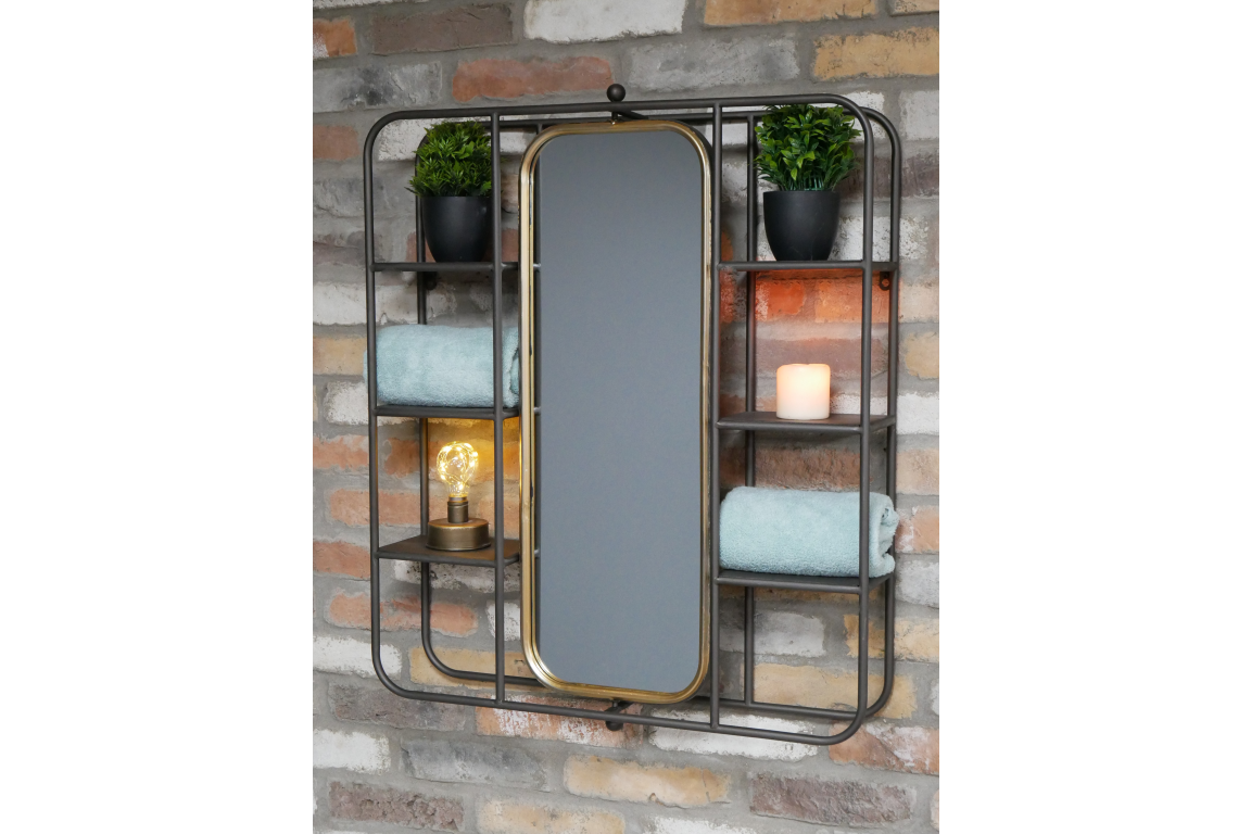 Brass/Gold Wall Unit With Mirror and Shelves