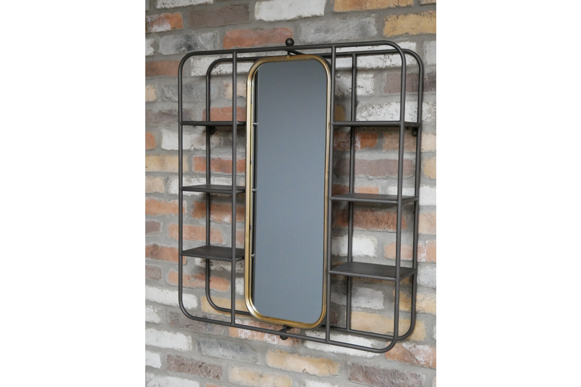 Brass/Gold Wall Unit With Mirror and Shelves