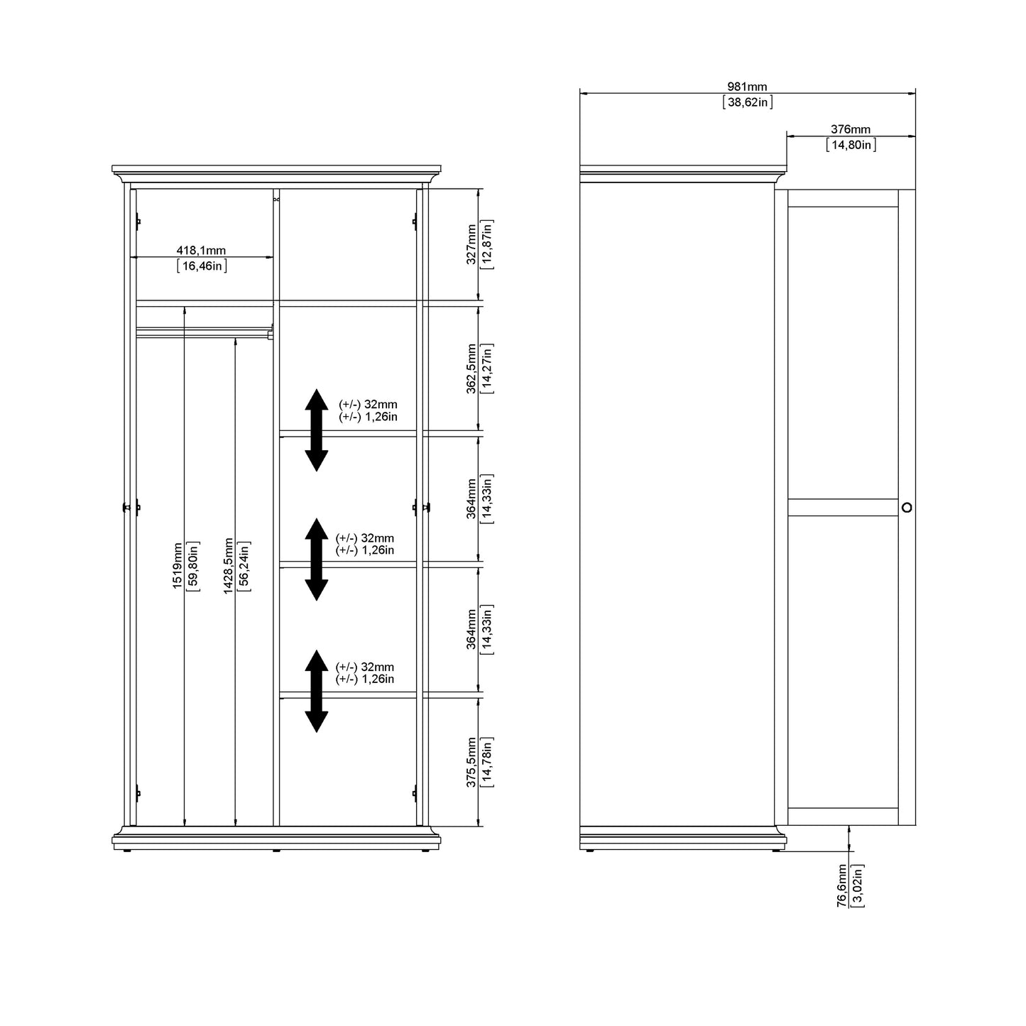 Paris Wardrobe with 2 Doors in Matt Grey