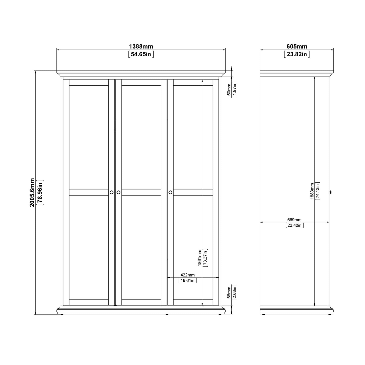 Paris Wardrobe with 3 Doors in White