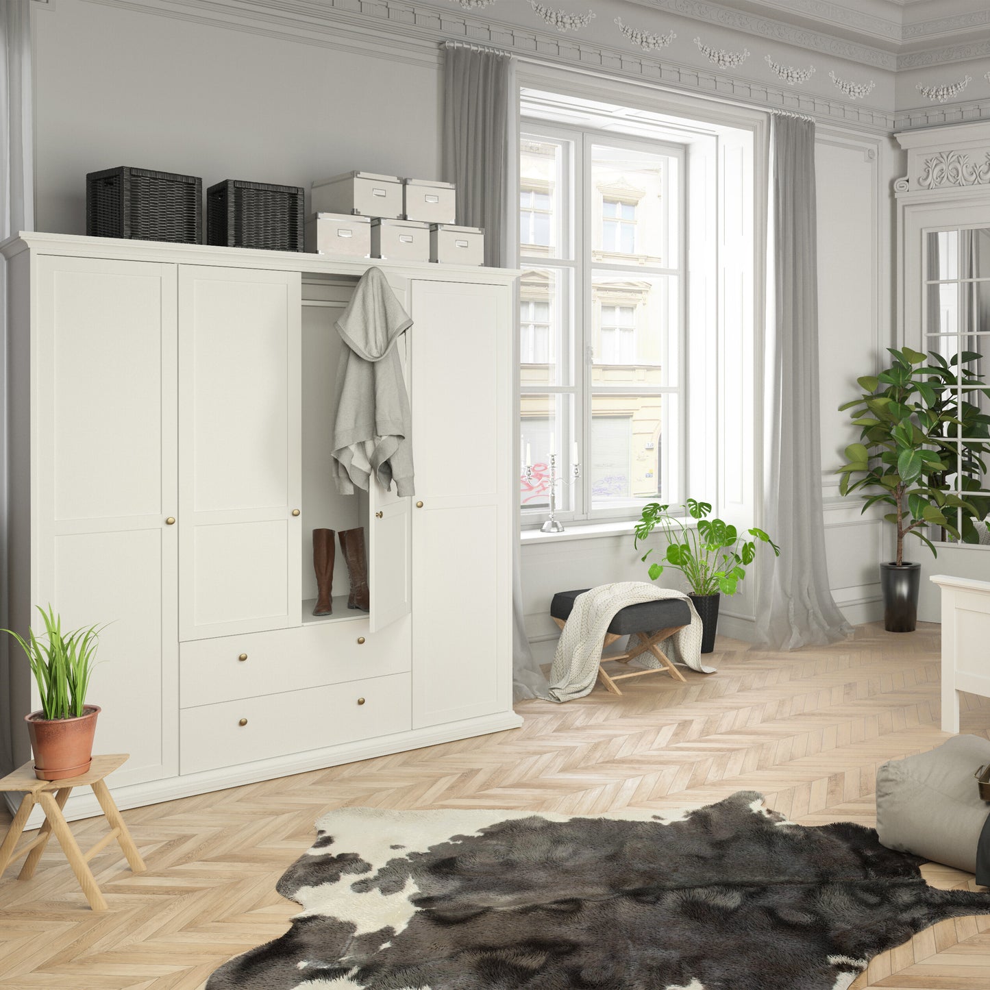 Paris Wardrobe with 4 Doors and 2 Drawers in White