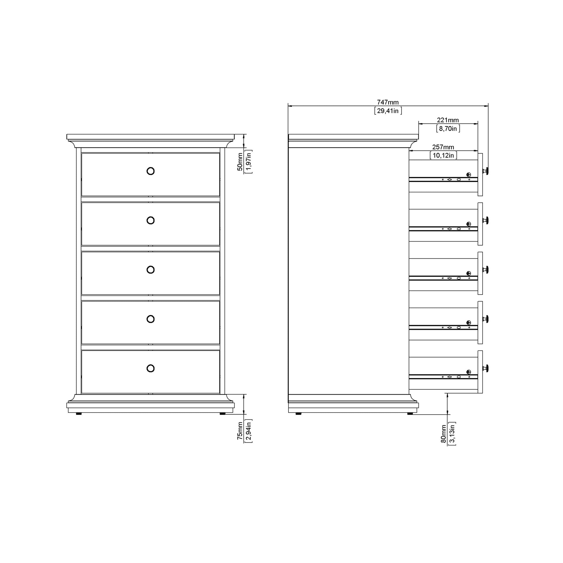 Paris Chest 5 Drawers in White