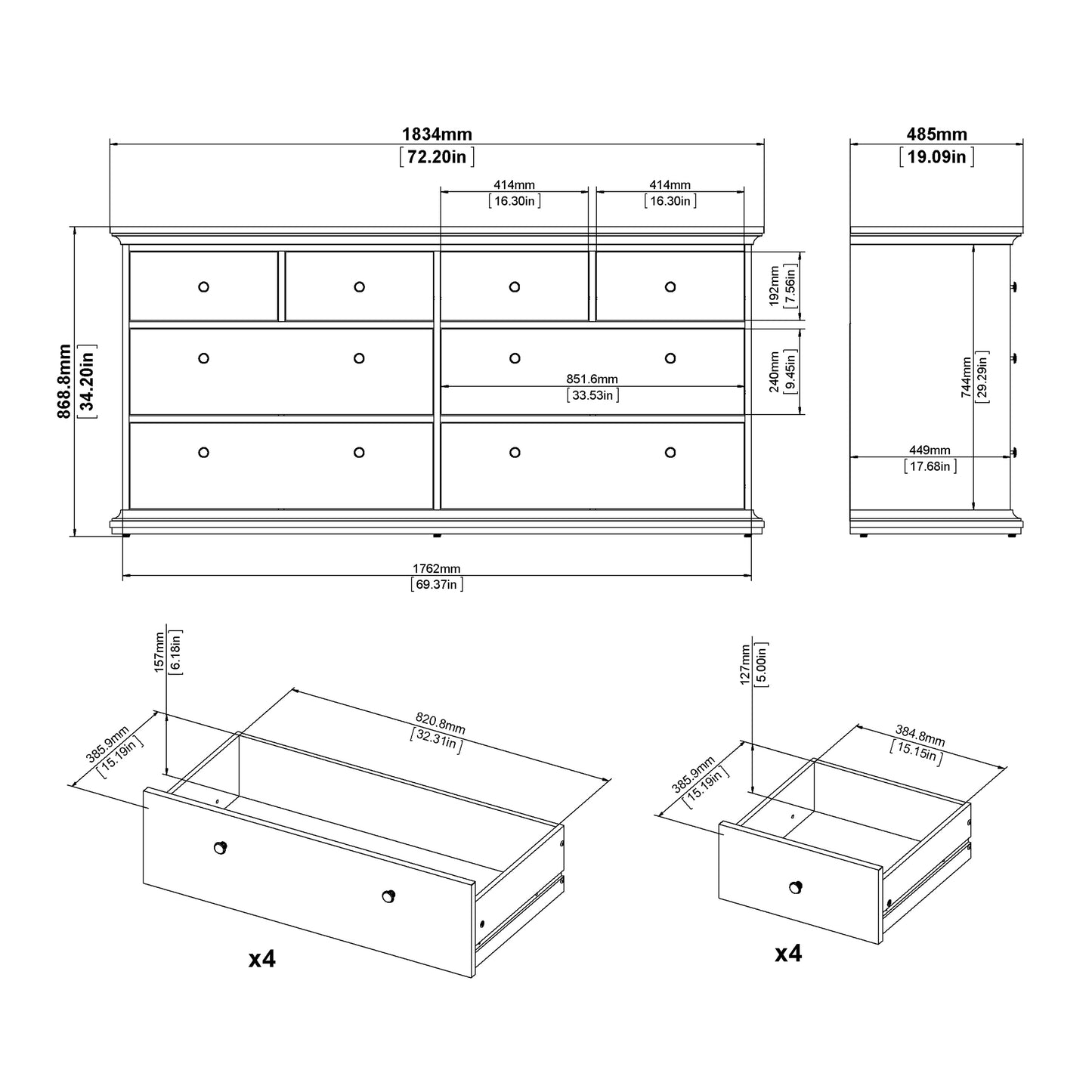 Paris Chest of 8 Drawers in Matt Grey