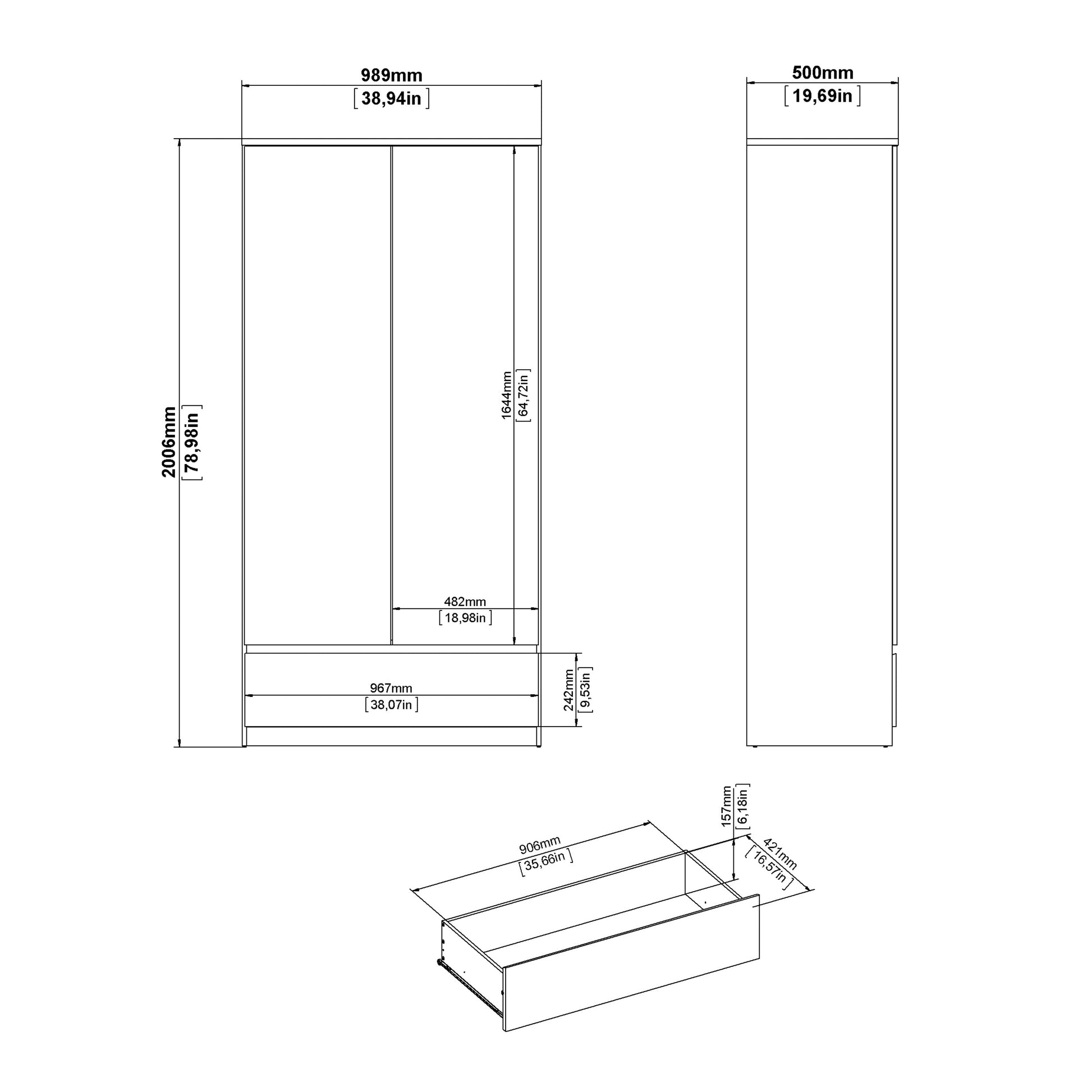 Naia Wardrobe with 2 Doors 1 Drawer in White High Gloss